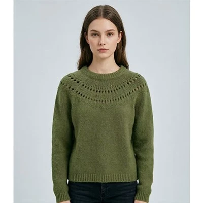 Suéter Verde Openwork Yoke com Gola Redonda